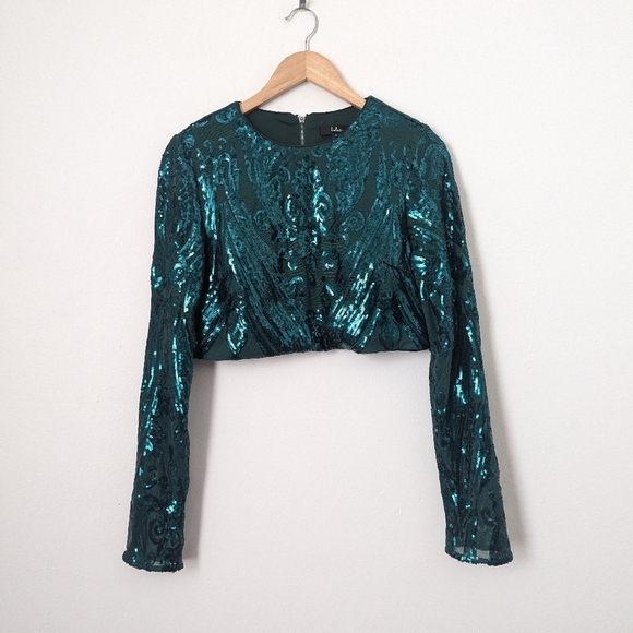 Lulu's Dark Emerald Forest Green Sequin Long Sleeve 2 Pc Maxi Dress Formal Set - Picture 2 of 9